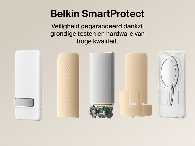 Belkin BoostCharge Slim Magnetic Power Bank 5K with Qi2 shown with Belkin SmartProtect internal components designed for safe, reliable charging performance.