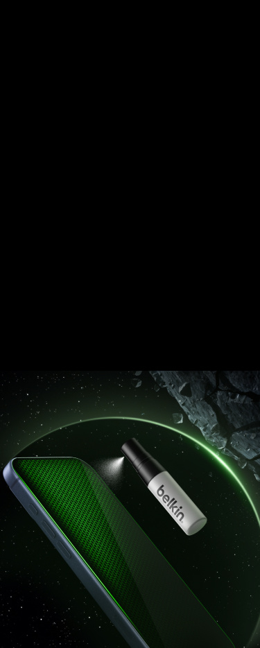 Belkin cleaning spray bottle applying mist onto a smartphone screen with a glowing green protective mesh effect against a dark, futuristic background.