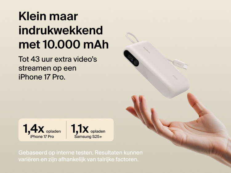 Belkin UltraCharge 10K power bank with integrated USB-C cable and digital display, delivering up to 45W fast charging and extended battery life for smartphones