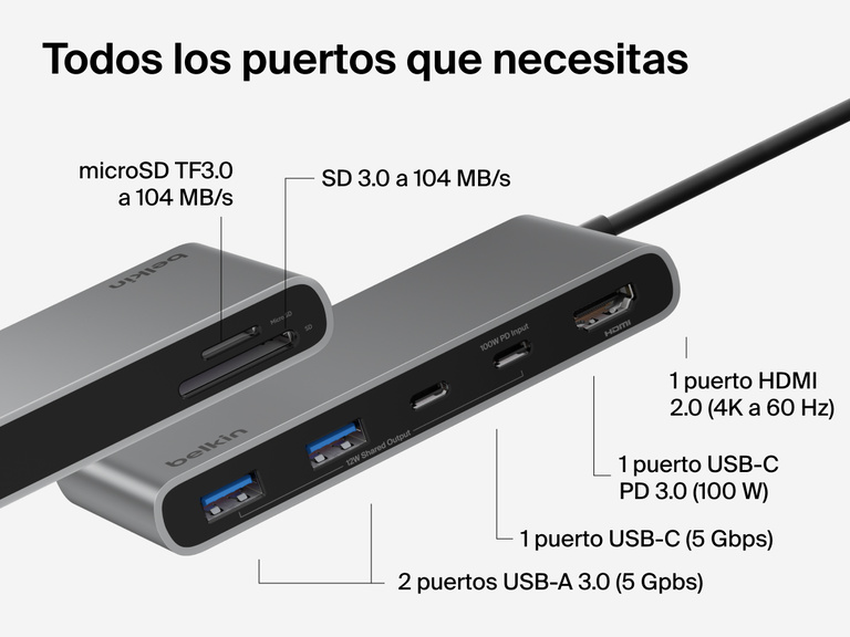 Belkin Connect 7-Port USB-C Hub with Dual USB-C Ports showing HDMI, USB-C PD, USB-A, SD, and microSD slots labeled with speeds and power output.