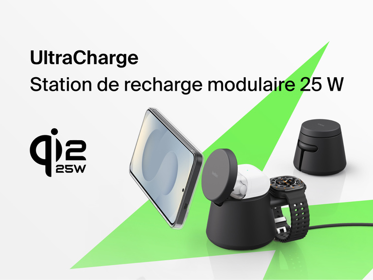 Image de la station de recharge modulaire Belkin UltraCharge avec Qi2 25&nbsp;W offrant une recharge sans fil rapide pour tous les smartphones, montres connect&eacute;es et &eacute;couteurs.
