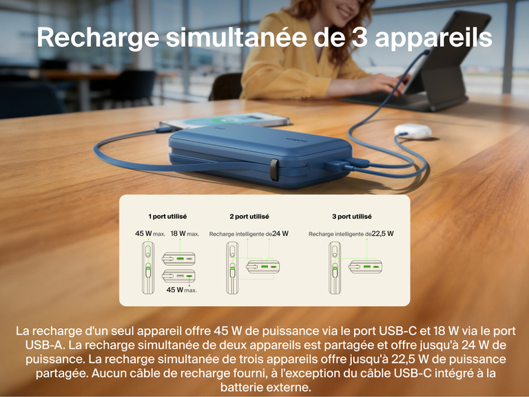 Belkin UltraCharge 20K 45W power bank with integrated USB-C cable charging multiple devices simultaneously with smart power sharing and multi-port connectivity