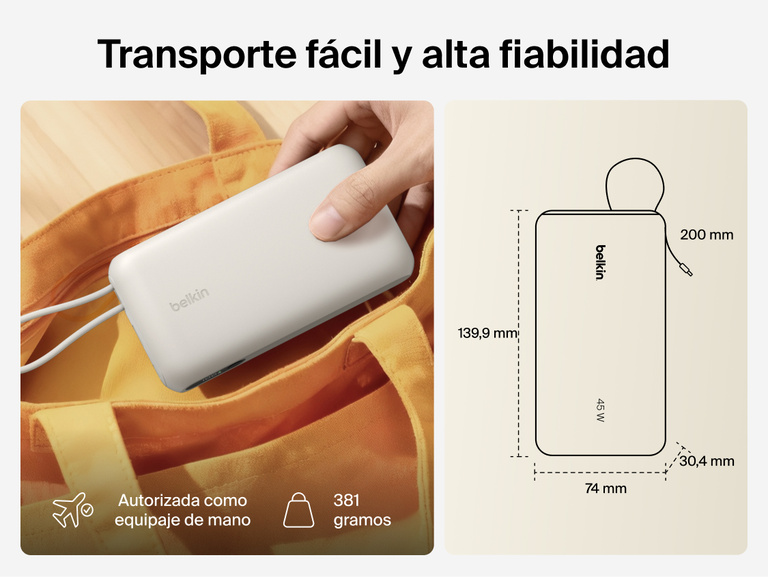 Belkin UltraCharge 20K 45W power bank with integrated cable designed for portable, TSA-approved travel with compact size and reliable on-the-go charging