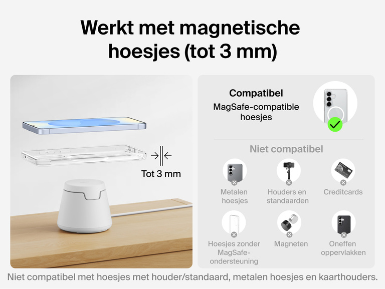 Afbeelding van het Belkin UltraCharge modulaire laadstation met Qi2 25W waarop compatibiliteit met magnetische hoesjes tot 3&nbsp;mm dik en geoptimaliseerde uitlijning voor betrouwbaar draadloos opladen zonder metalen of portemonnee-achtige hoesjes benadrukt worden.