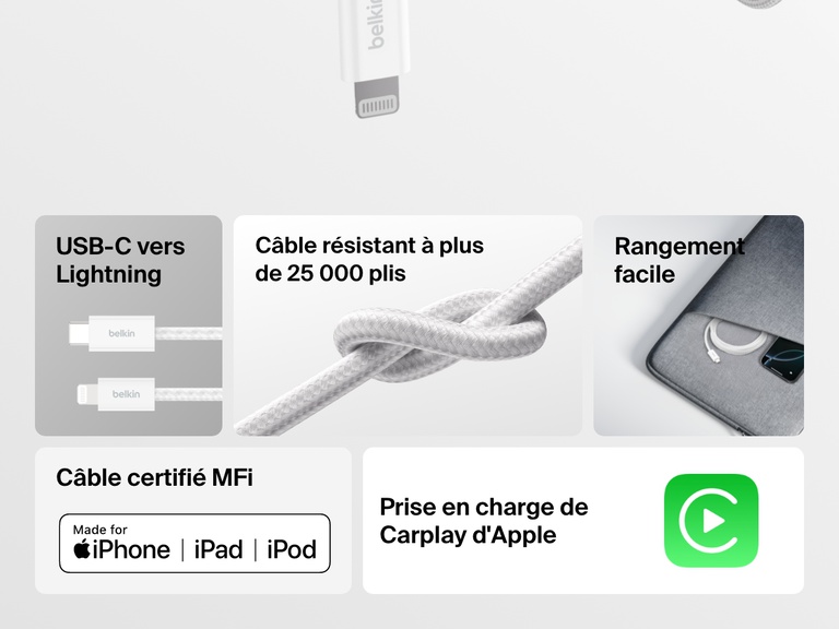 Le câble USB-C Belkin BoostCharge avec connecteur Lightning est doté d'une gaine tressée solide qui résiste à plus de 25 000 plis. Il est certifié MFI et compatible avec CarPlay d'Apple. Son design compact facilite le rangement et il est conçu pour les iPhone, iPad et iPod.