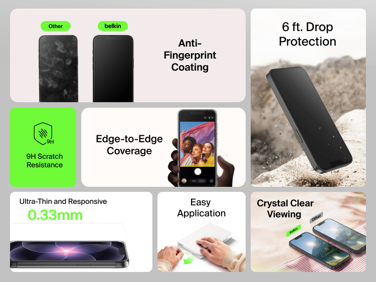 Belkin ScreenForce TemperedGlass screen protector for iPhone 17e highlighting 9H scratch resistance, anti-fingerprint coating, 6 ft drop protection, edge-to-edge coverage, crystal clear viewing, and ultra-thin 0.33mm design