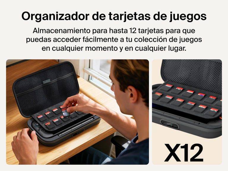 Belkin Gaming Charging Case Pro for Nintendo Switch 2 shown with integrated game card sleeve holding up to 12 cartridges for organized portable storage.