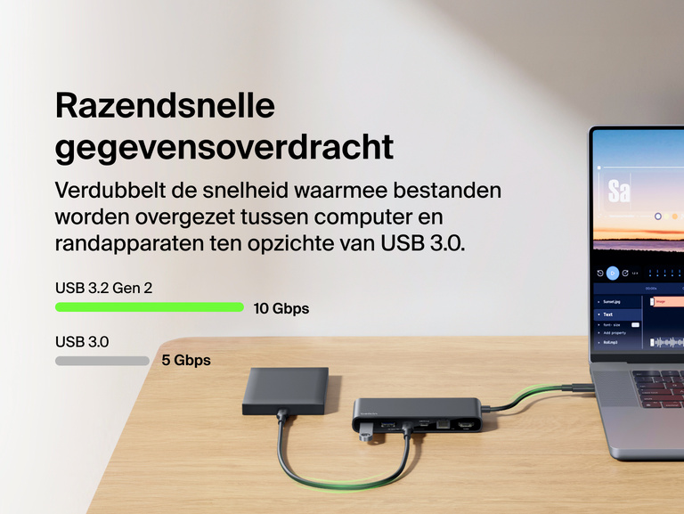 Belkin Connect 8-poorts USB-C-hub met 2,5 Gb Ethernet-poort verbonden met een laptop en een externe schijf ter illustratie van de USB 3.2 Gen 2-prestaties met hoge gegevenssnelheden van 10 Gbps.