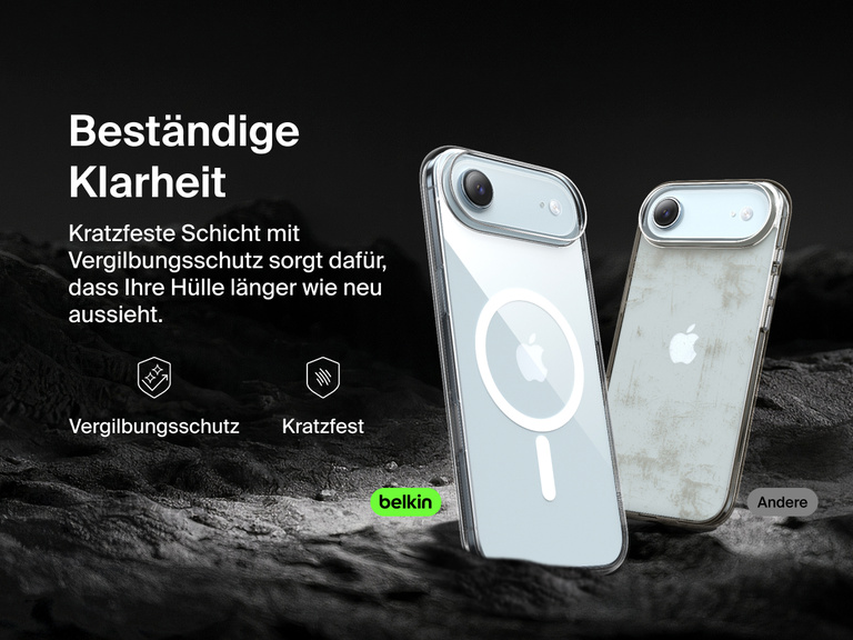 Belkin SheerForce Clear Series Case for iPhone 17 with anti-yellowing and scratch-resistant technology compared to discolored generic case.