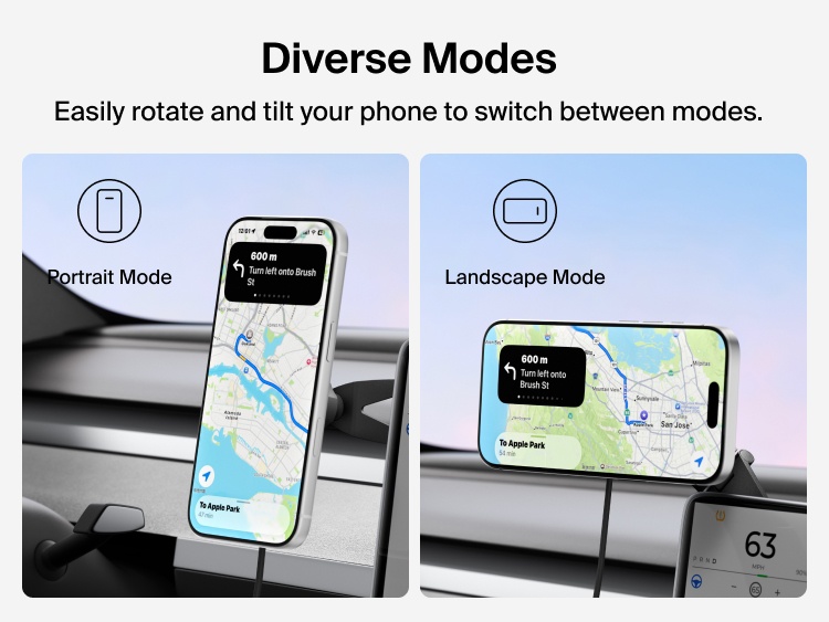 Belkin BoostCharge Magnetic Wireless Charging Car Vent Mount shown in portrait and landscape modes with 360° rotation and 30° tilt for adjustable in-car phone viewing.