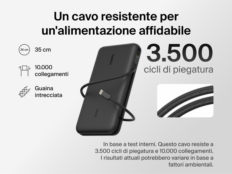 Belkin UltraCharge Pro Laptop Power Bank 25K with durable braided USB-C cable, designed for 3,500 bends and 10,000 plug-ins, delivering reliable high-power charging