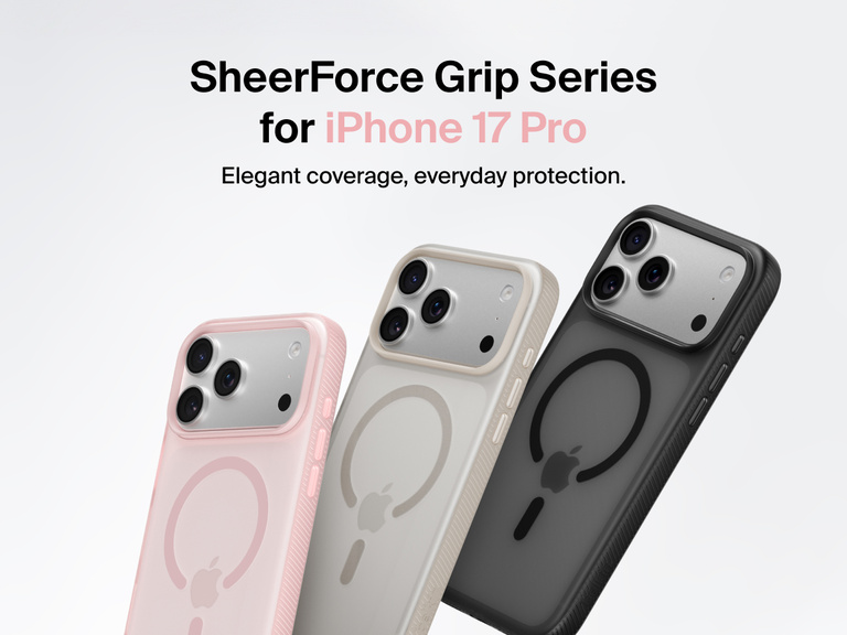 Belkin SheerForce Grip Series protective case for iPhone 17 shown in pink, clear, and black with slim design and MagSafe compatibility.