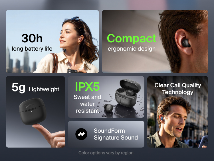 SoundForm Dot Wireless Earbuds feature grid highlighting 30-hour battery life, a lightweight 5g earbud, compact ergonomic design, IPX5 sweat and water resistance, clear call quality technology, and SoundForm Signature Sound
