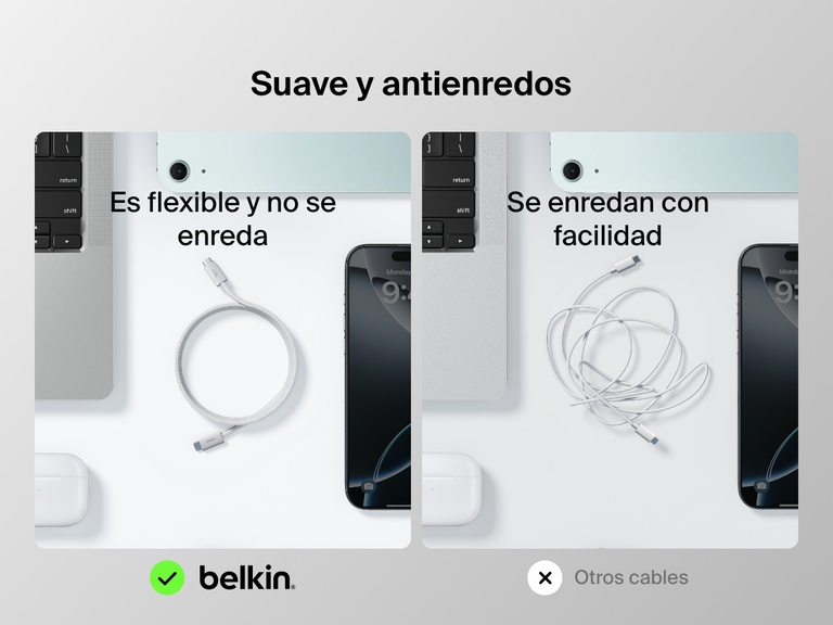 Comparativa uno al lado del otro en la que se muestran el cable Belkin BoostCharge de USB-C a USB-C de 240 W como flexible y antienredos, en comparación con los cables estándar que se enredan con facilidad.