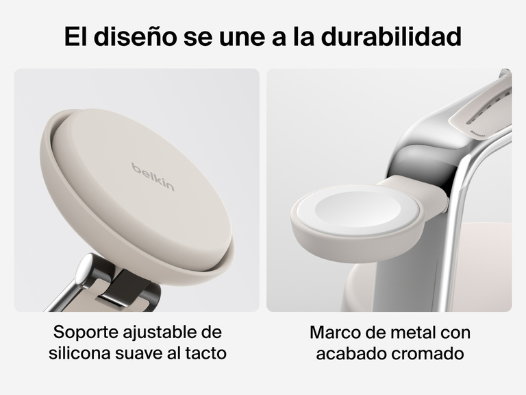 La estación magnética de carga 3 en 1 con Qi2 25W Belkin UltraCharge Pro posee un soporte base ajustable de silicona suave al tacto. A su vez, su estructura es de metal y presenta un acabado cromado con un diseño duradero y prémium.