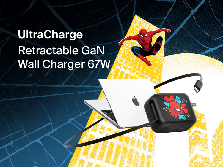 UltraCharge Retractable GaN Wall Charger 67W charging a laptop with built-in retractable USB-C cable, compact fast-charging power adapter for laptops, tablets, and smartphones.