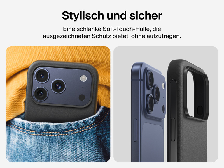 Belkin H&uuml;lle der SheerForce Protect Serie f&uuml;r iPhone 17 mit ber&uuml;hrungsempfindlicher Kamerataste und mehreren Schichten f&uuml;r magnetische Pr&auml;zision und robusten Schutz.
