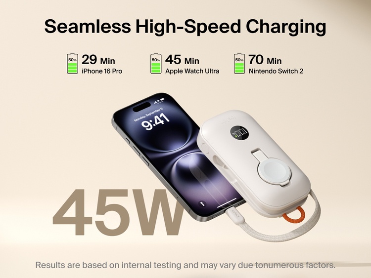 Belkin BoostCharge Pro Power Bank 10K with Apple Watch Charger delivering 45W fast charging for iPhone 16 Pro, Apple Watch Ultra, and Nintendo Switch 2.