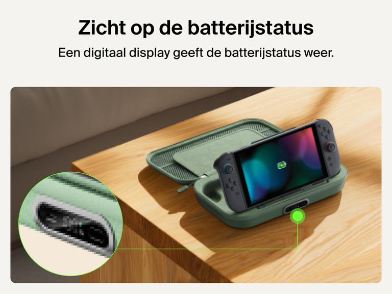 Belkin Gaming Charging Case Pro for Nintendo Switch 2 shown with built-in digital battery display and charging dock for quick power status at a glance.