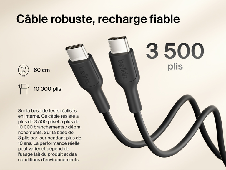 Belkin BoostCharge Slim Magnetic Power Bank 10K with included USB-C to USB-C cable highlighting durable design tested for 3,500 bends and 10,000 plug-ins