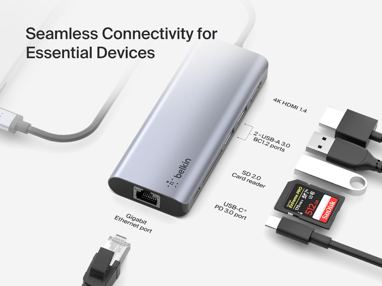 Image showing labeled ports on the Belkin Connect USB-C 6-in-1 Multiport Hub, including Gigabit Ethernet, USB-C PD 3.0, SD 2.0 card reader, 2 USB-A 3.0 BC1.2 ports, and 4K HDMI 1.4 for seamless device connectivity.