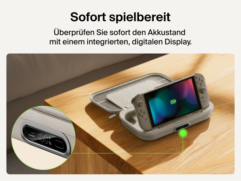 Belkin Gaming Charging Case Pro for Nintendo Switch 2 shown with built-in digital battery display and charging dock for quick power status at a glance.