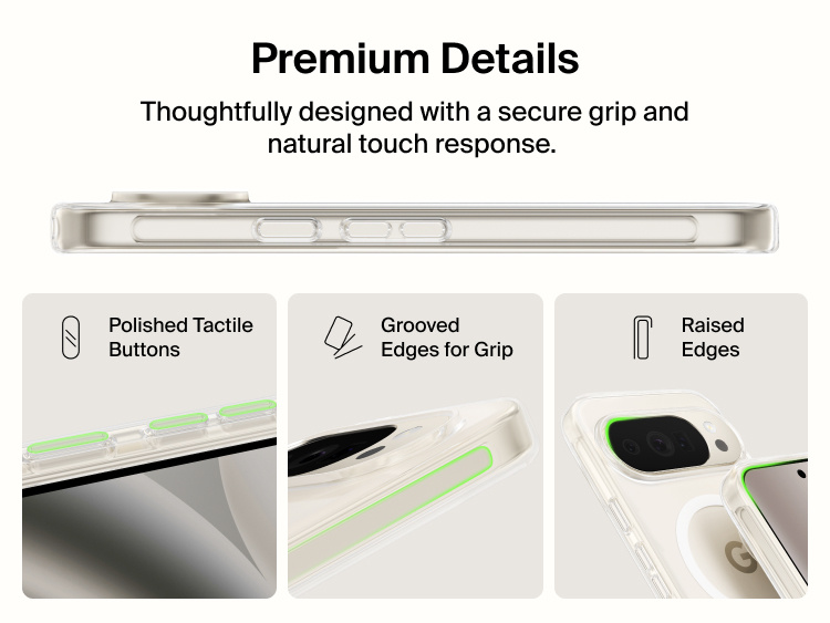 Belkin Clear Series Case for Google Pixel 11 featuring polished tactile buttons, grooved grip edges, and raised bezels for enhanced comfort and device protection.