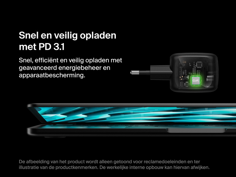 De Belkin BoostCharge Pro 2-poorts USB-C GaN-wandlader van 50 W met PD 3.1-technologie laadt apparaten snel, efficiënt en veilig op dankzij geavanceerd energiebeheer en apparaatbescherming.