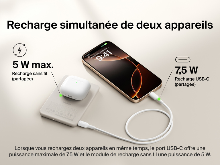 Belkin BoostCharge Slim Magnetic Power Bank 5K shown charging a smartphone and wireless earbuds simultaneously, demonstrating dual charging with 7.5W USB-C and 5W wireless shared power output.