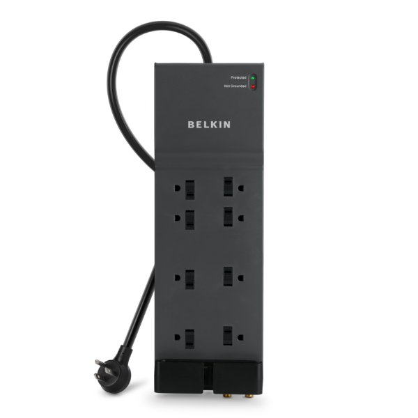 A Belkin surge protector power strip with ten AC outlets, a black finish, an angled plug, and indicator lights showing protection and grounding status.