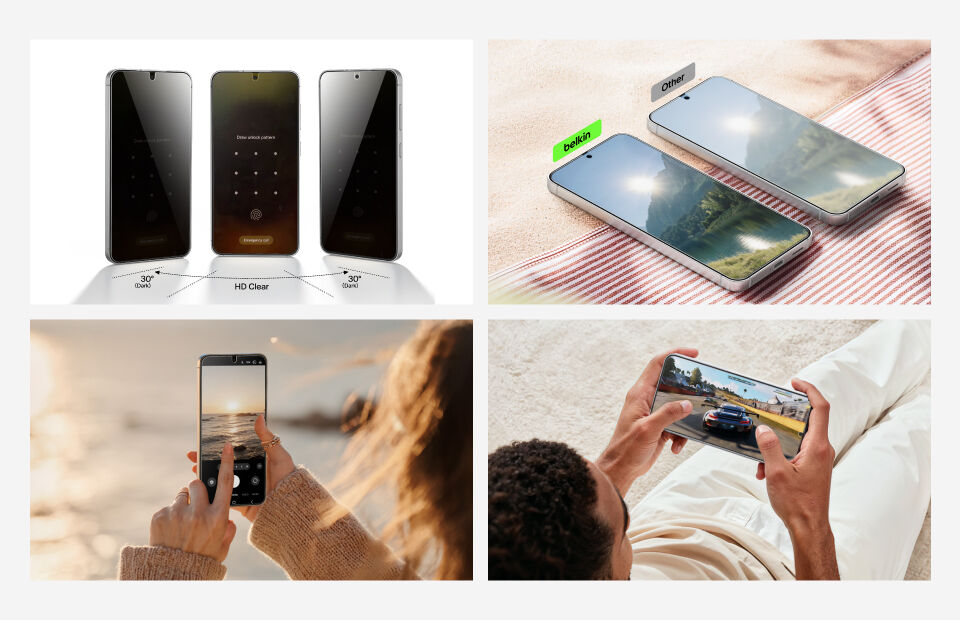 Four-image collage showing smartphone screen protection benefits: a privacy filter demonstration with darkened side views, a glare comparison between &lsquo;belkin&rsquo; and &lsquo;Other&rsquo; screens outdoors, a person taking photos on a phone in bright sunlight, and a person gaming on a smartphone with a clear, vivid display.