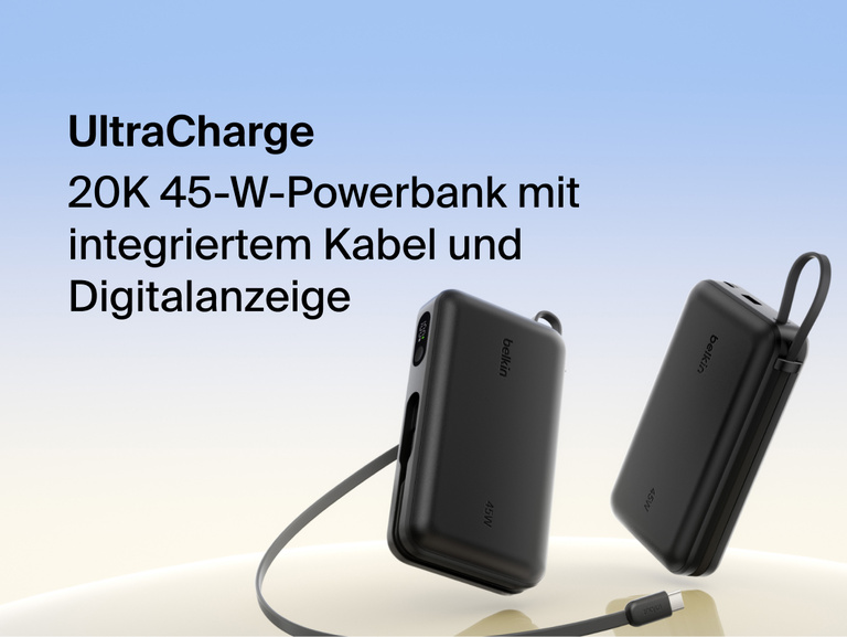 Belkin UltraCharge 20K 45W power bank with integrated USB-C cable and digital display showing portable high-capacity fast charging solution