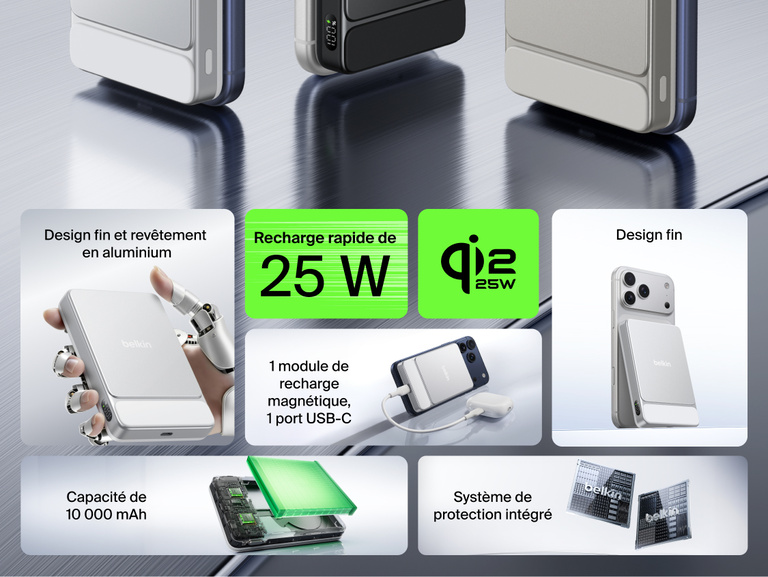 Belkin UltraCharge Slim Magnetic Power Bank 10K highlighting 25W fast charging, 10,000 mAh capacity, magnetic wireless charging, USB-C port, and slim premium aluminum design