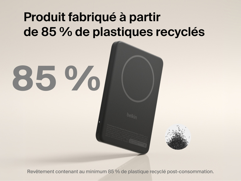 Belkin BoostCharge Slim Magnetic Power Bank 5K with Qi2 shown made with at least 85 percent post-consumer recycled plastic for a more sustainable portable charging solution.