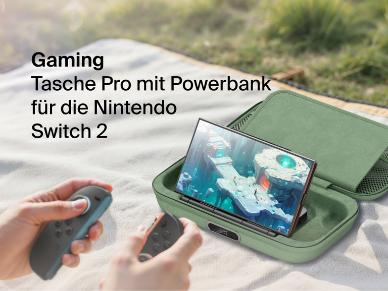 Belkin Gaming Charging Case Pro for Nintendo Switch 2 shown powering the console during outdoor gameplay with built-in charging and protective travel design.