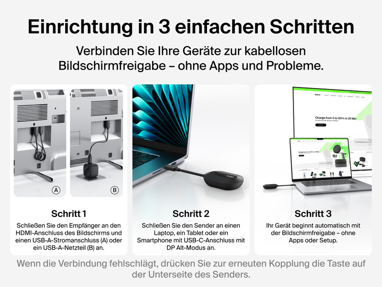 Belkin ConnectAir kabelloser HDMI-Display-Adapter wird mit einem einfachen Setup in drei Schritten gezeigt, in denen der Empf&auml;nger mit dem Bildschirm verbunden wird, der Sender an ein Ger&auml;t angeschlossen wird und der Bildschirm sofort freigegeben wird.