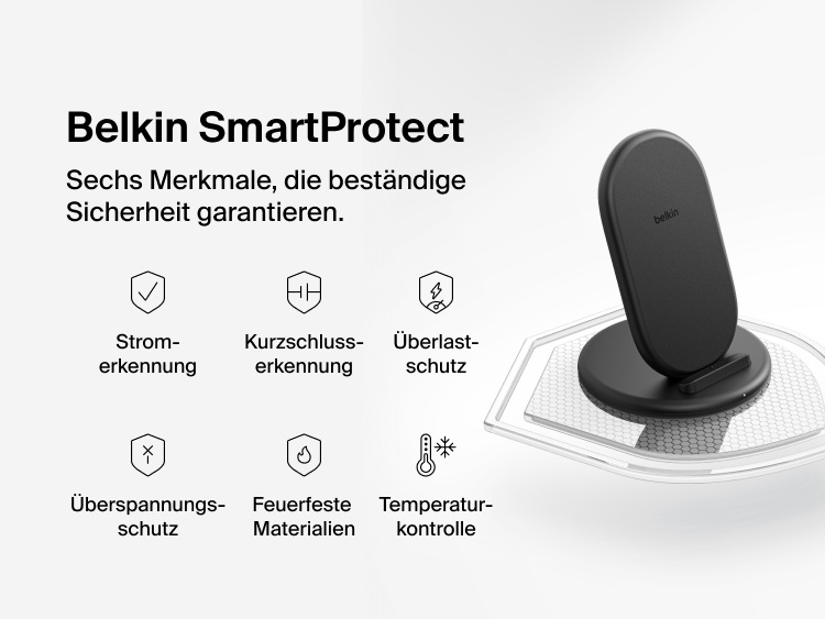 Belkin BoostCharge Wireless Charging Stand 15W featuring SmartProtect technology with six intelligent sensors for current detection, overload protection, and temperature monitoring.