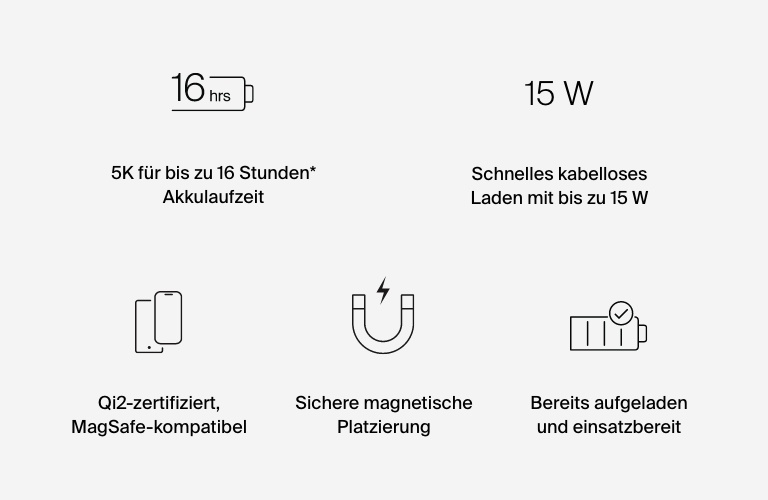 Hier ist Ihre Qi2-Ladelösung für unterwegs. Nutzen Sie die neueste kabellose, magnetische Ladetechnologie zum Laden mit 15 W.