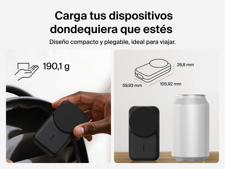 El cargador magnético plegable 3 en 1 con Qi2 25W Belkin UltraCharge posee un diseño compacto y portátil, perfecto para viajar. Pesa tan solo 190 gramos y sus dimensiones lo convierten en una solución increíblemente compacto.