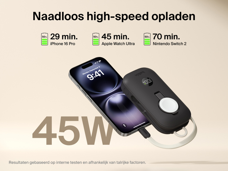 Belkin BoostCharge Pro 10.000mAh-powerbank met Apple Watch-lader die 45 W levert voor het snel opladen van een iPhone 16 Pro, Apple Watch Ultra en Nintendo Switch 2.