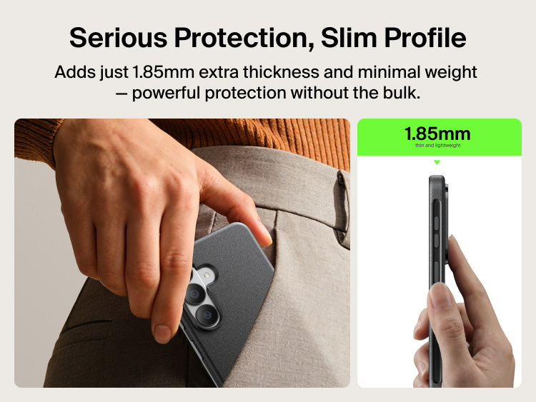 Belkin SheerForce Protect Series Case for Samsung Galaxy S26 shown in hand with an ultra-slim 1.85 mm profile, delivering lightweight everyday protection without added bulk.