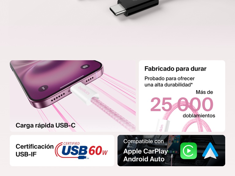 Infografía mostrando el cable USB-C a USB-C de 60 W Belkin BoostCharge con características como la certificación USB-IF, la durabilidad frente a los doblamientos de más de 25 000 ciclos, la carga rápida y la compatibilidad con Apple CarPlay y Android Auto.