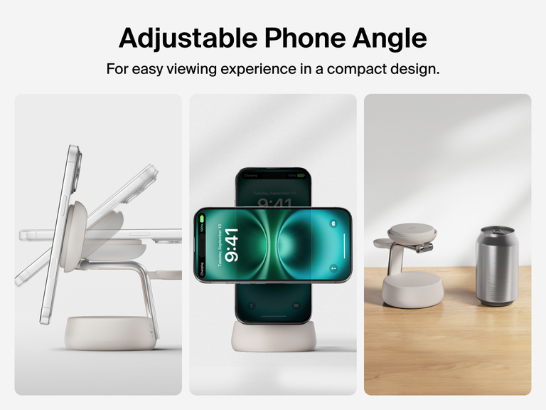 Belkin UltraCharge Pro 3-in-1 Magnetic Charging Dock with Qi2 25W features an adjustable phone angle and compact footprint for optimized viewing and space-saving convenience.