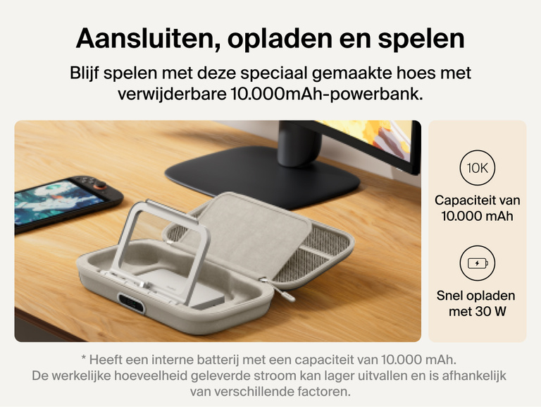 Belkin Gaming Charging Case Pro for Nintendo Switch 2 shown with detachable 10,000 mAh power bank, flip-up stand, and 30W fast charging for extended connected gameplay.