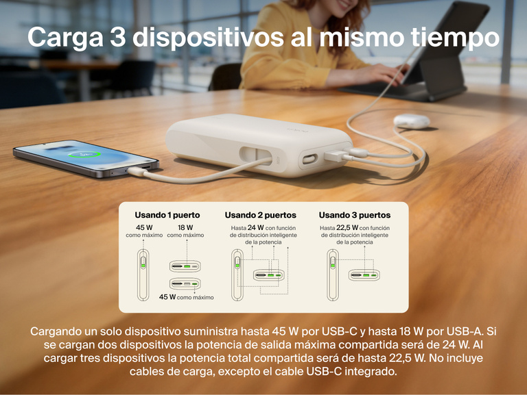 Belkin UltraCharge 20K 45W power bank with integrated USB-C cable charging multiple devices simultaneously with smart power sharing and multi-port connectivity