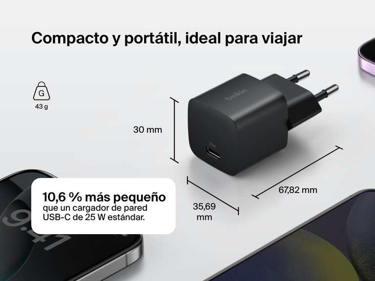 Belkin BoostCharge USB-C Wall Charger 25W shown with foldable prongs, compact dimensions, and 48% smaller size compared to standard 25W USB-C chargers for enhanced portability.