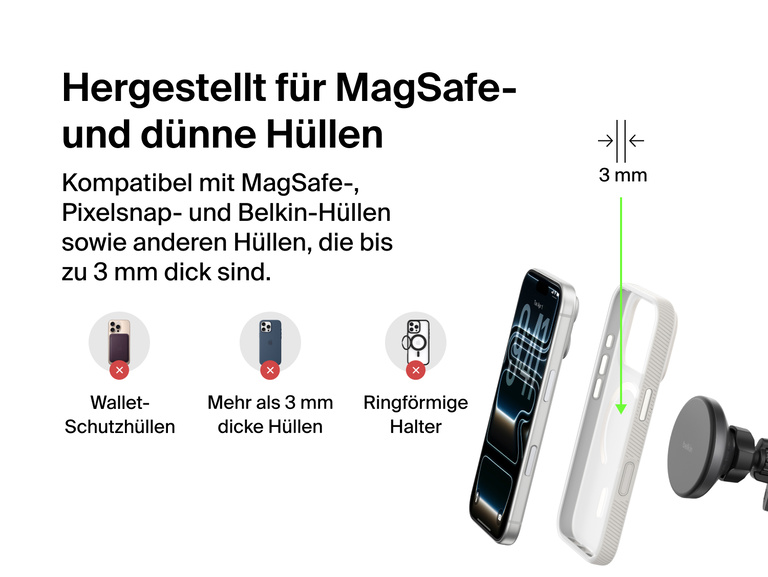Belkin BoostCharge Magnetic Wireless Charging Car Vent and Dash Mount shown with MagSafe and thin-case compatibility up to 3mm, highlighting supported and unsupported case types.