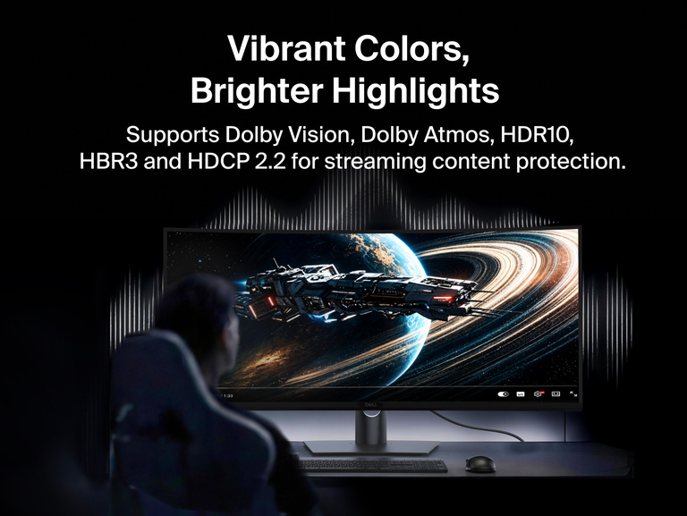 Person viewing a curved monitor connected with the Connect DisplayPort 1.4 Cable, illustrating support for Dolby Vision, Dolby Atmos, HDR10, HBR3, and HDCP 2.2 content protection