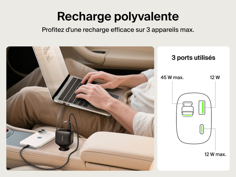 Image du chargeur de voiture Belkin BoostCharge avec câble rétractable (75 W) rechargeant un ordinateur portable, un smartphone et des écouteurs simultanément avec l’utilisation de 3 ports pour une recharge en voiture efficace.