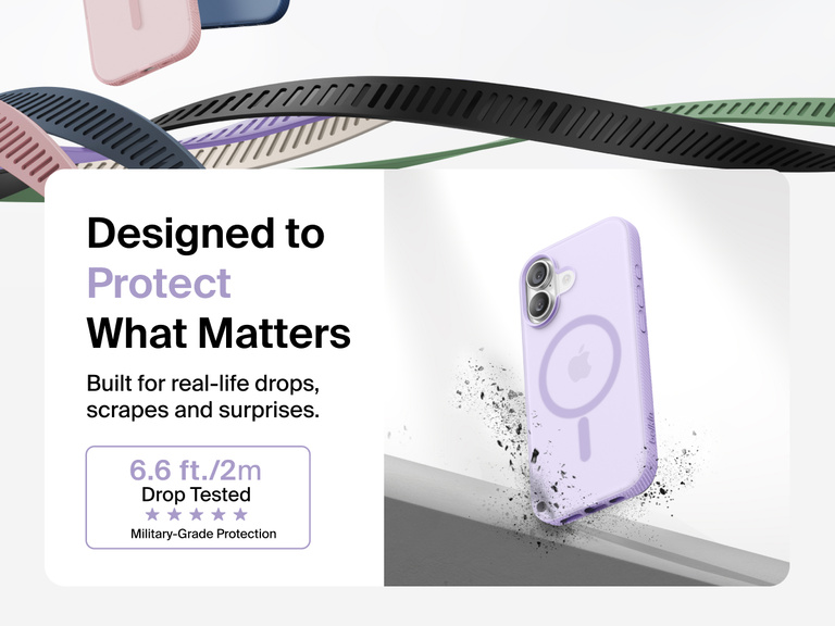 Belkin SheerForce Grip Series Case for iPhone 17 shown with textured grip and impact protection against drops.